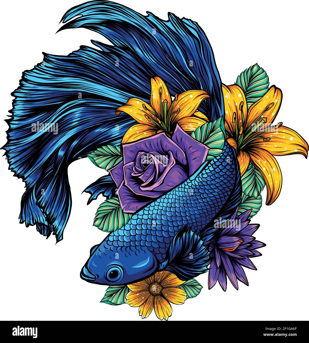 fish betta splendens with flowers vector illustration Stock Vector