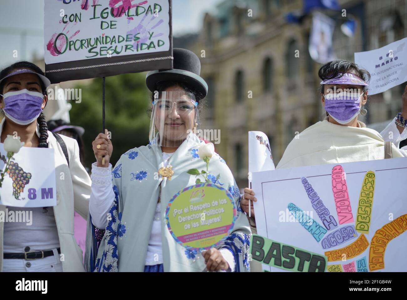 La Paz, Bolivia. 08th Mar, 2021. Women in traditional outfits take part in a government-sponsored rally to mark International Women's Day. Numerous women called for more concrete implementation of equal rights. Credit: Radoslaw Czajkowski/dpa/Alamy Live News Stock Photo