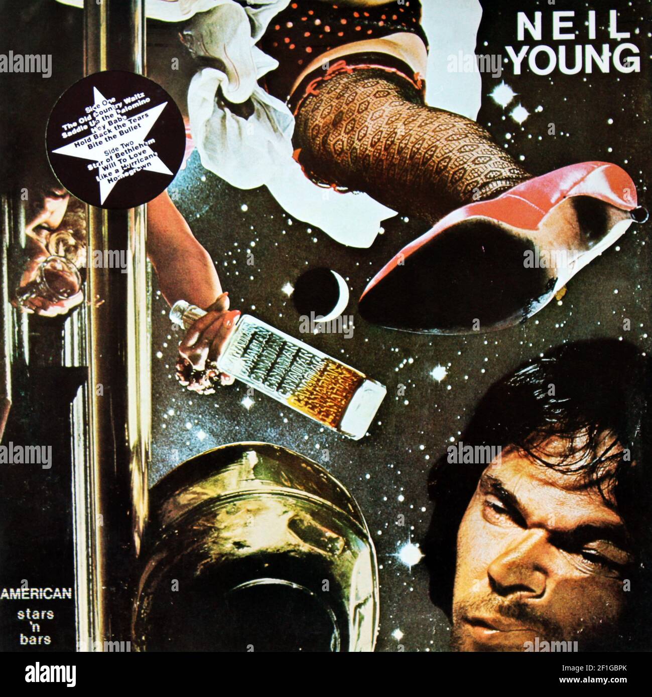 Neil young: 1977. LP front cover: American Stars 'n Bars Stock Photo