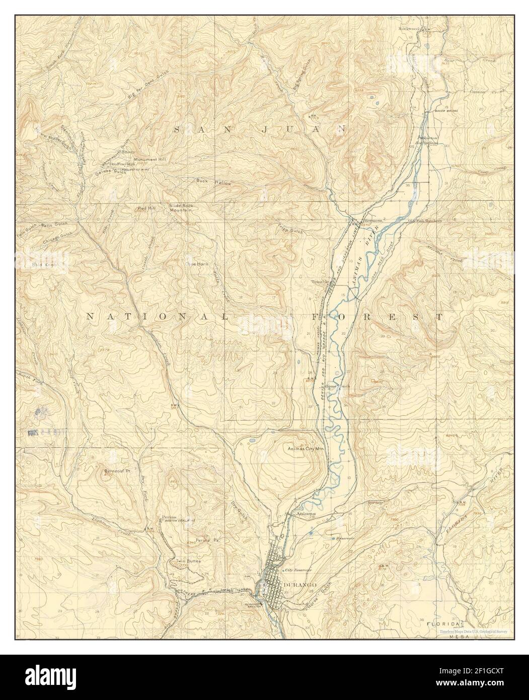 Durango, Colorado, map 1908, 162500, United States of America by Timeless Maps, data U.S