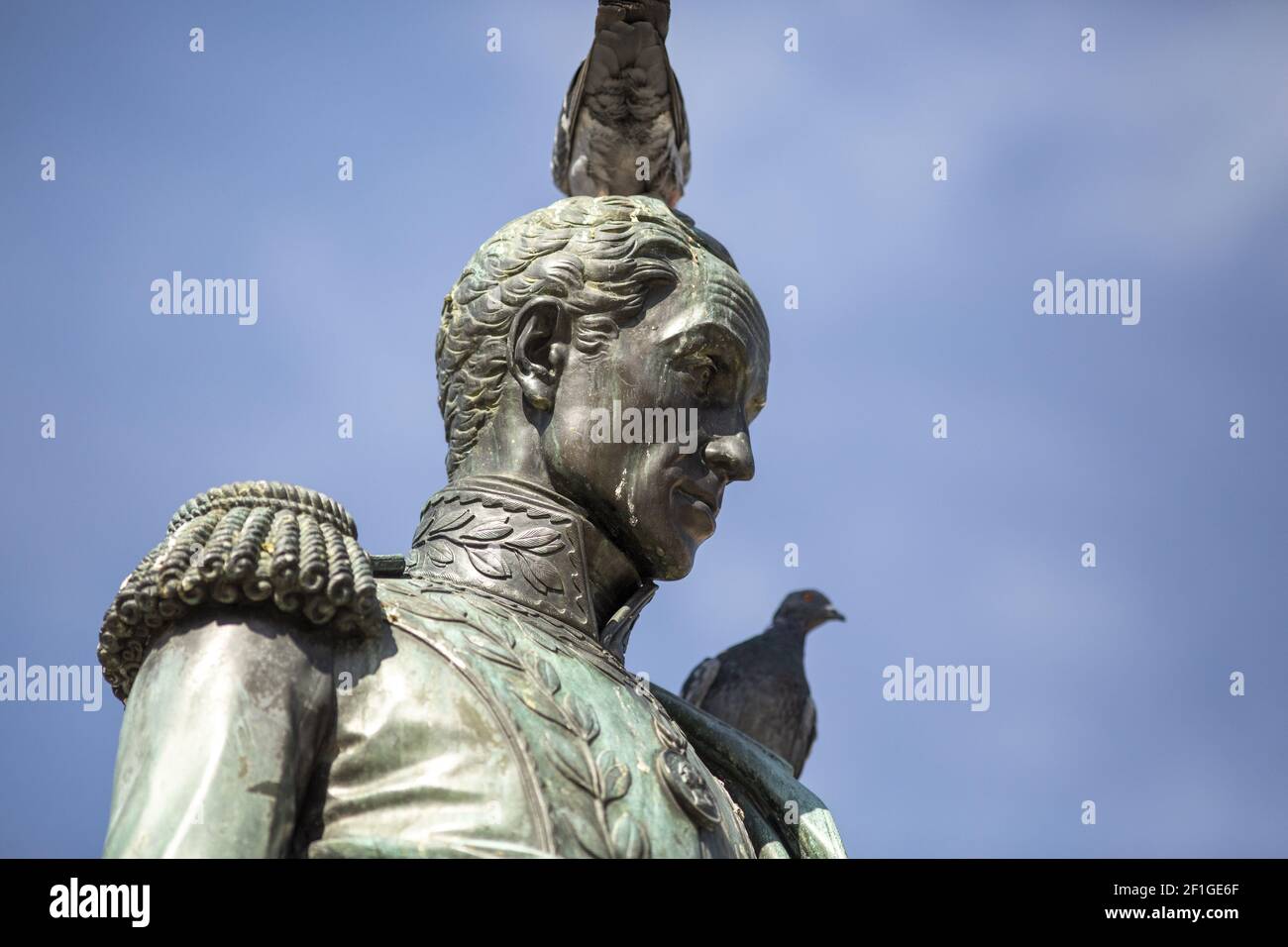 A closeup shot of a Simon Bolivar's statue in Bolivar Square with two birds standing on it Stock Photo