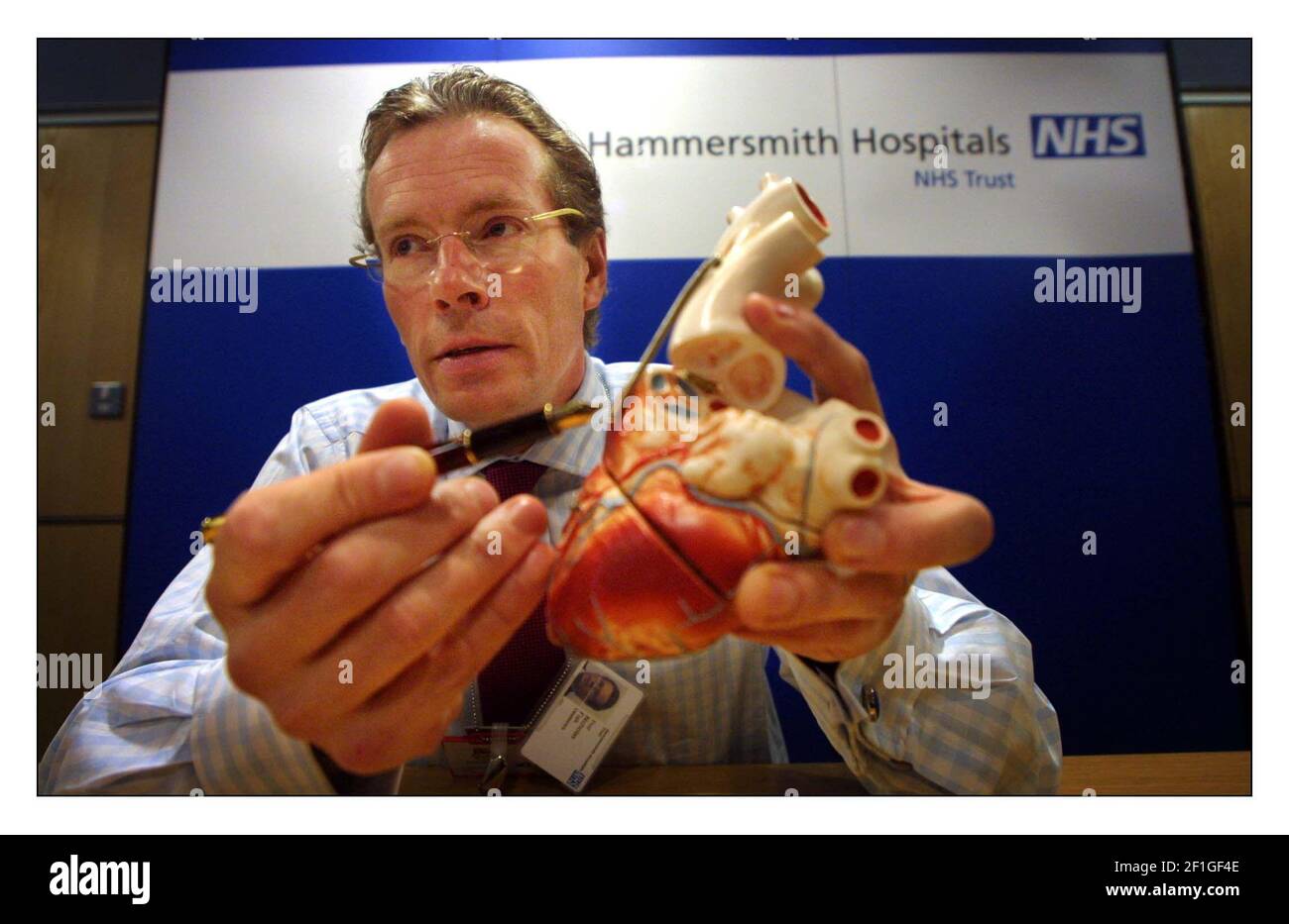 Prof Nicholas Fisk, prof of Obstetrics and gynaecology led the team involved in the birth of conjoined twins at the Queen Charlotte's & Chelsea Hospital explaines to a press conf how the twin girls share a heart and liver.pic David Sandison 30/4/2002 Stock Photo