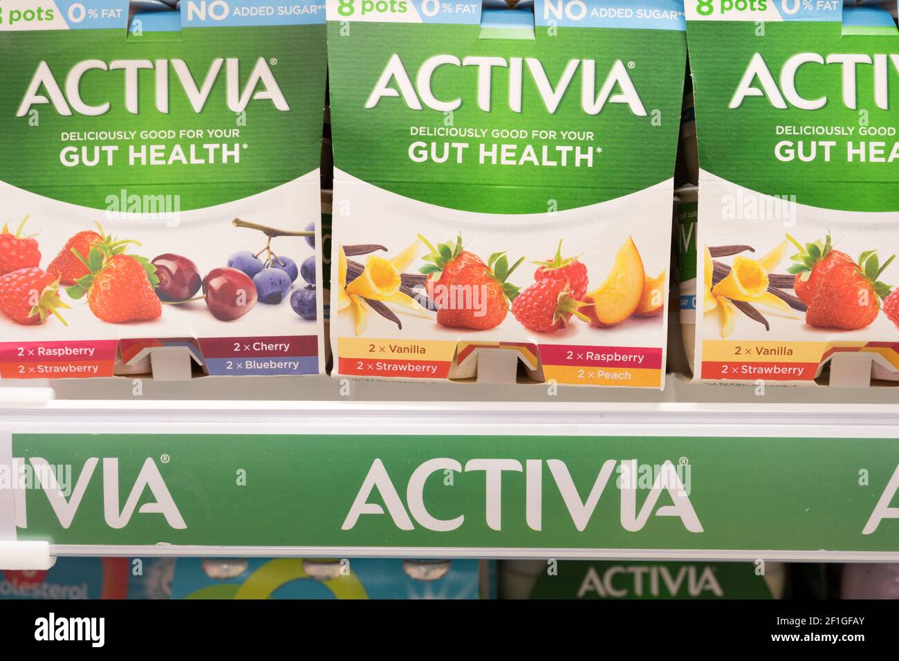 Activia Mixed Fruit Yogurt 8 X 120G in packaging display on shelf Stock Photo