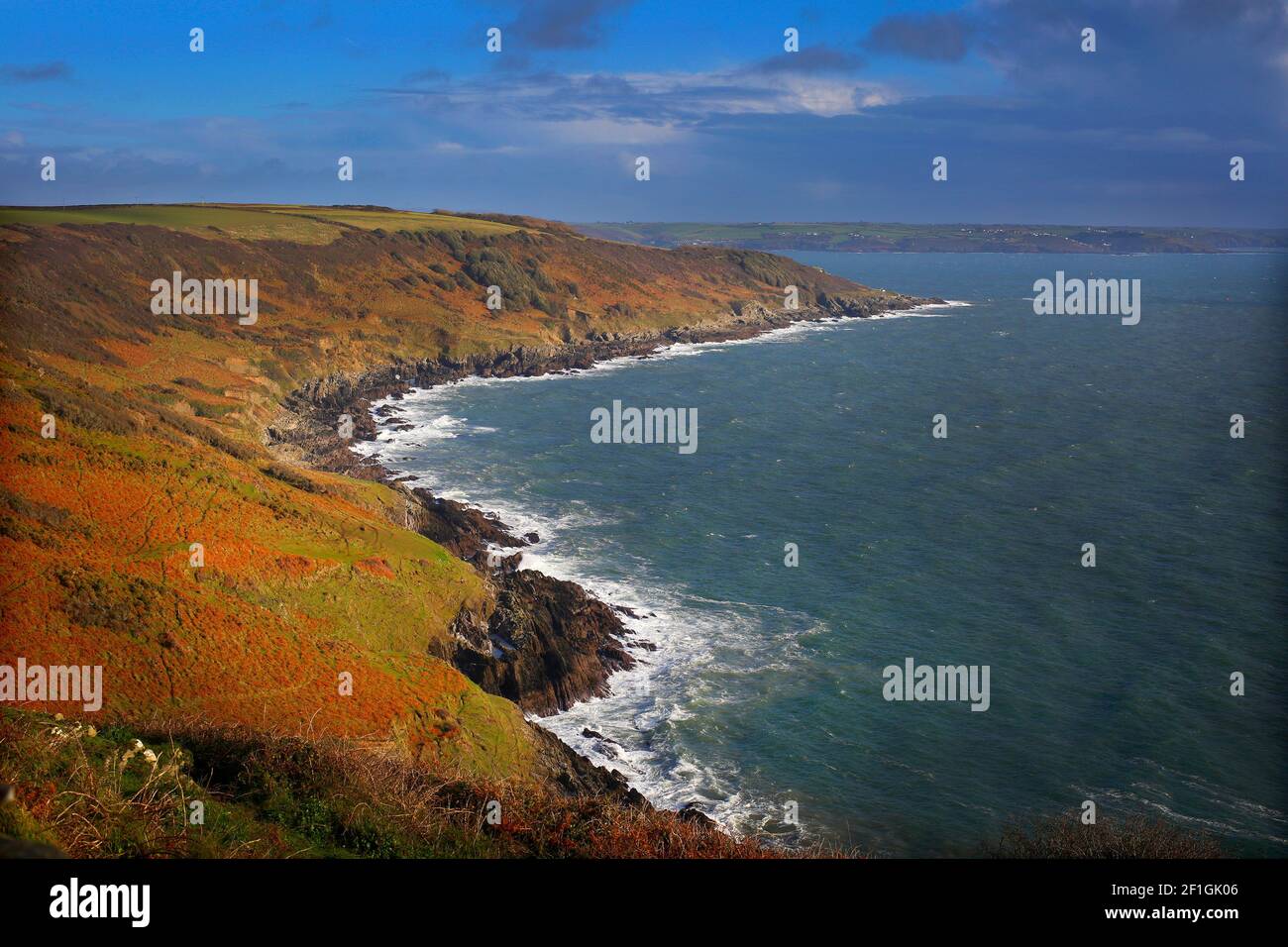 View from Rame Head towards Cawsand in Cornwall. Stock Photo