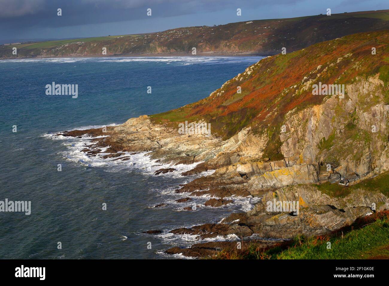 View from Rame Head towards Whitsand Bay in Cornwall. Stock Photo