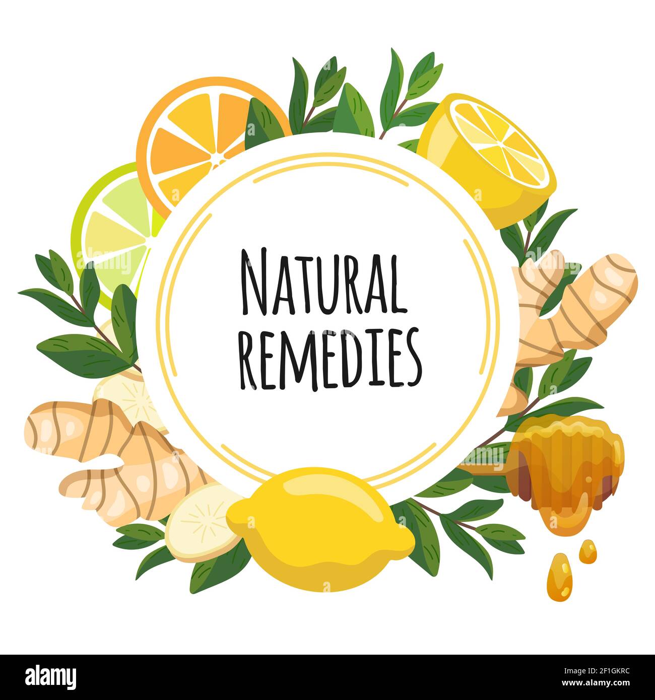 Natural remedies frame banner. Lemon, ginger, honey, mint for cough remedy. Home treatments for flu, viruses and ache. Vector Illustration of natural Stock Vector
