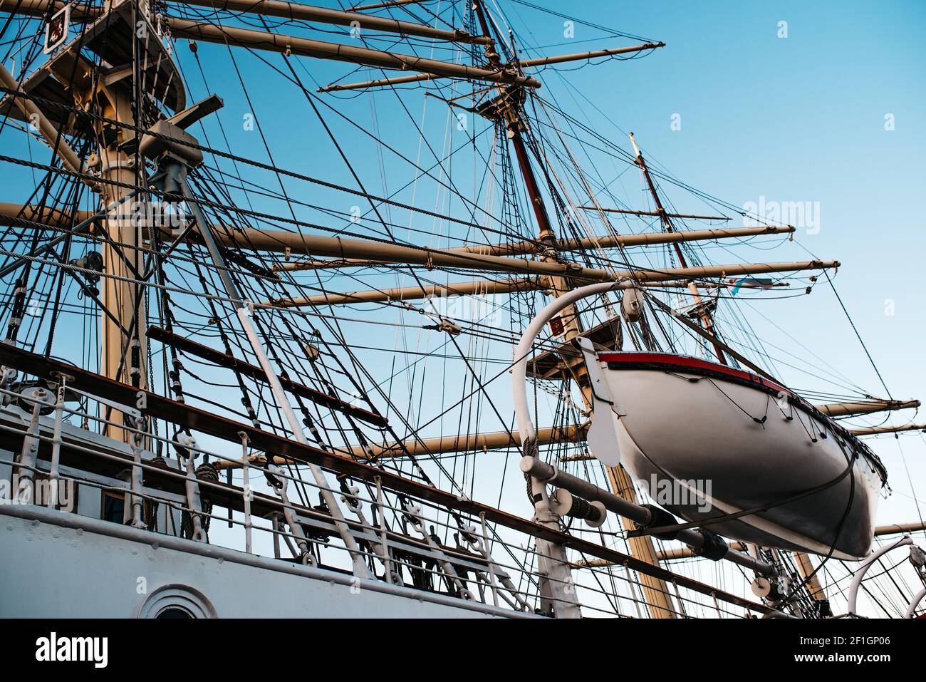 Old sailing ship, frigate at anchor in the port Stock Photo Alamy