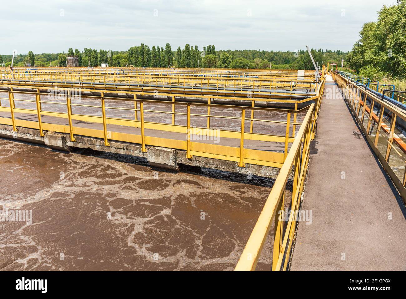 Wastewater treatment plant, aerated activated sludge tank. Stock Photo