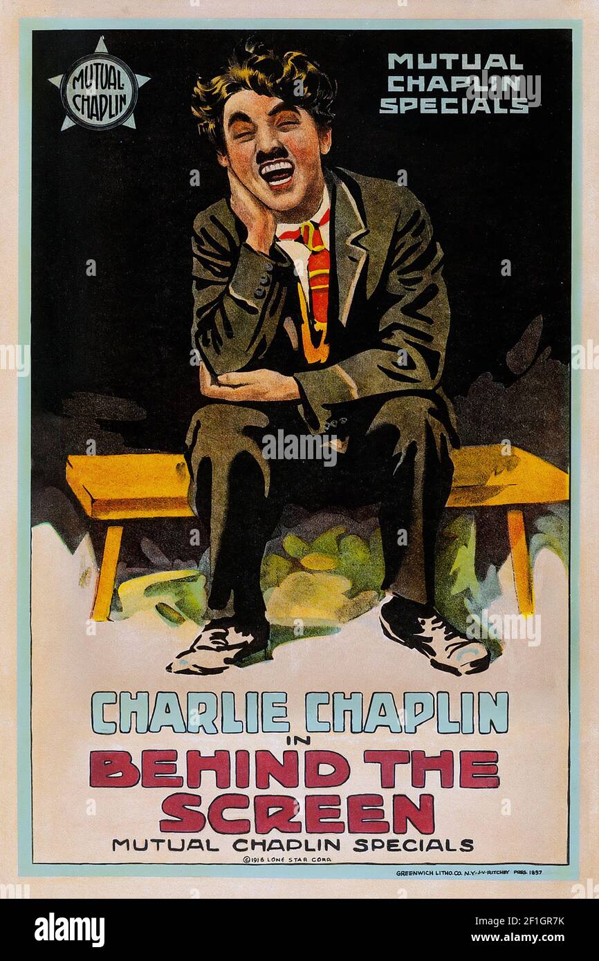 Charlie Chaplin in Behind the Screen, 1916 ‧ Comedy / Slapstick / Silent movie, antique movie poster Stock Photo