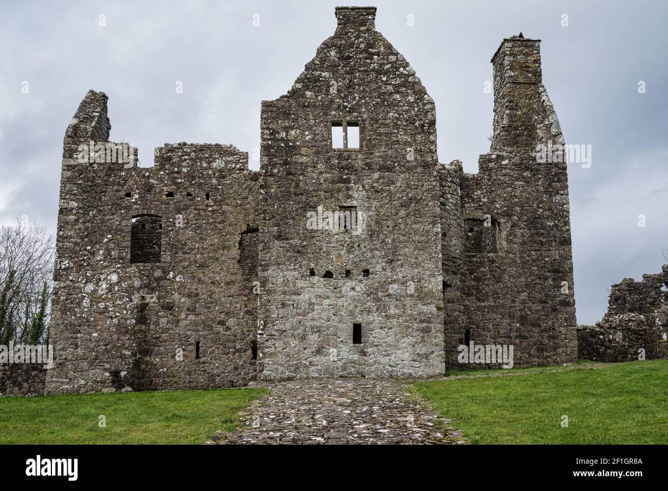 Enniskillen, Northern  Ireland - Feb 27, 2021:  The Ruins of Tully Castle on the shores of Lough Erne Stock Photo