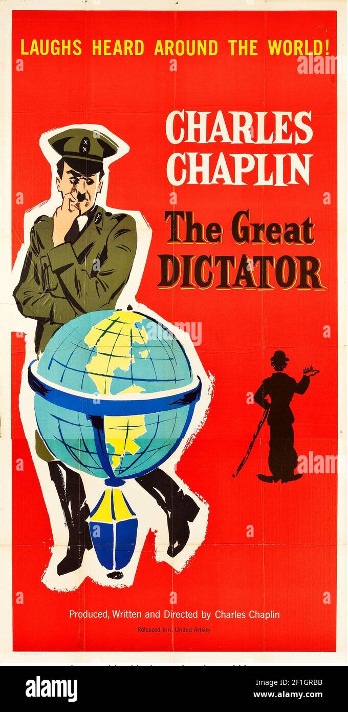The Great Dictator – 1940 American satirical comedy-drama film written, directed, produced, scored by, and starring British comedian Charlie Chaplin. Stock Photo