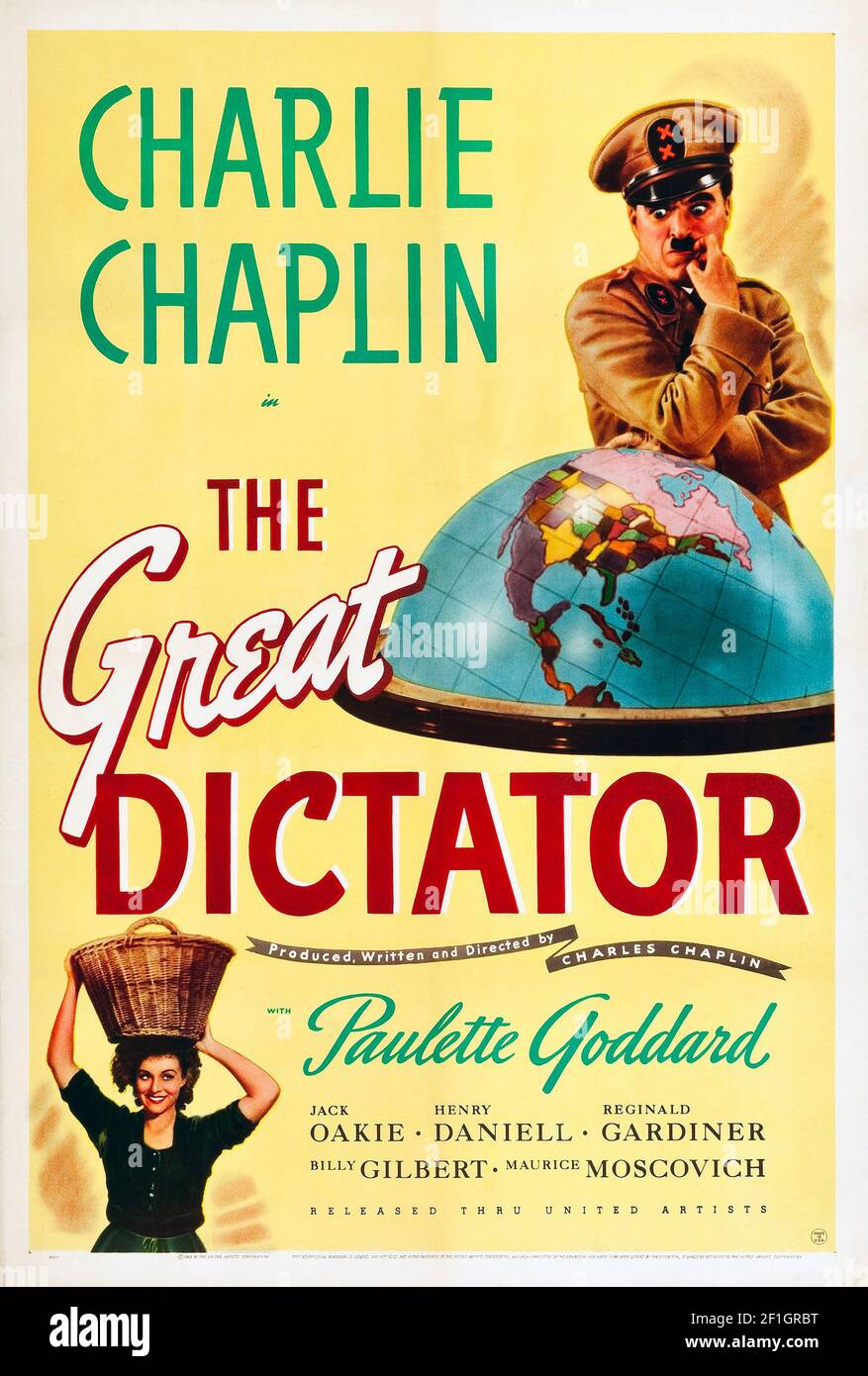 The Great Dictator – 1940 American satirical comedy-drama film written, directed, produced, scored by, and starring British comedian Charlie Chaplin. Stock Photo