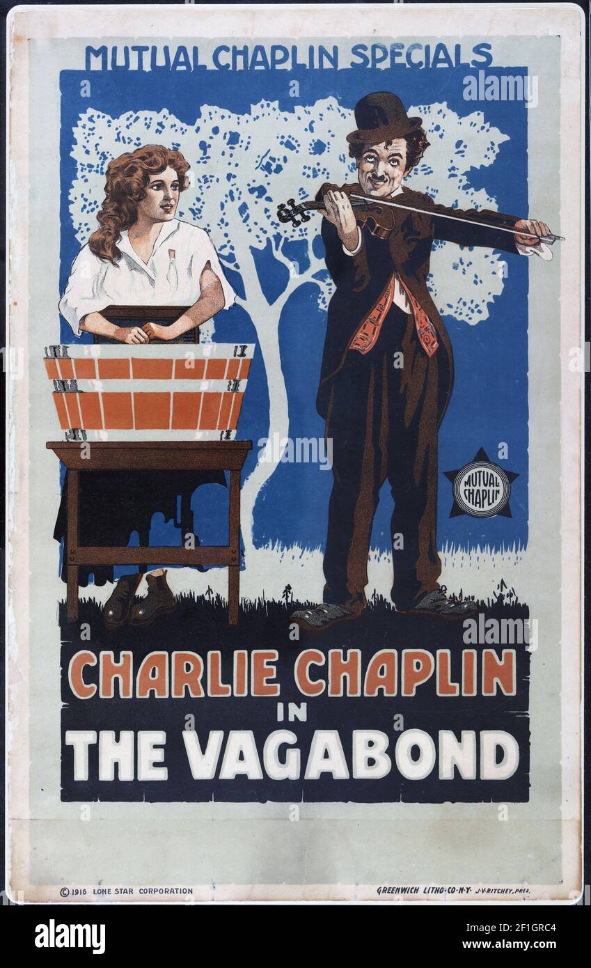 Movie poster: Charlie Chaplin in The Vagabond 1916 Stock Photo