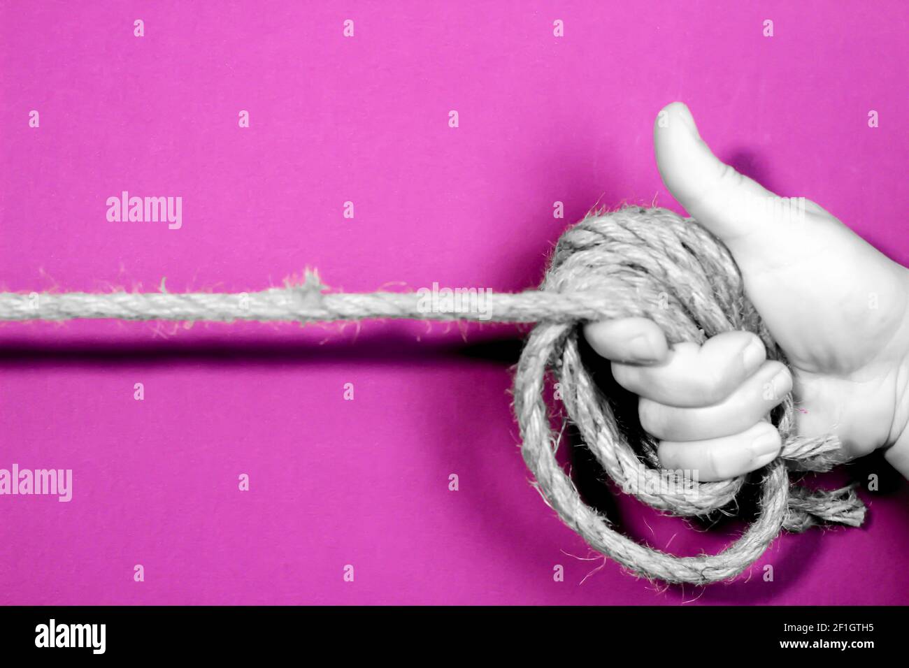 Hand tied with rope symbolizing the lack of freedom of women on purple ...