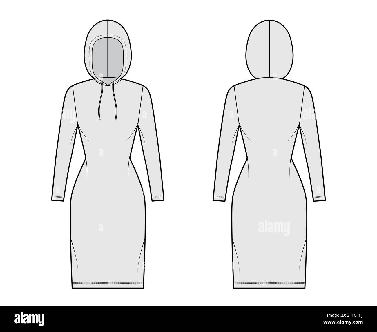 Hoody dress technical fashion illustration with long sleeves, knee length, fitted body, Pencil fullness. Flat apparel sweater template front, back, grey color style. Women, men, unisex CAD mockup Stock Vector