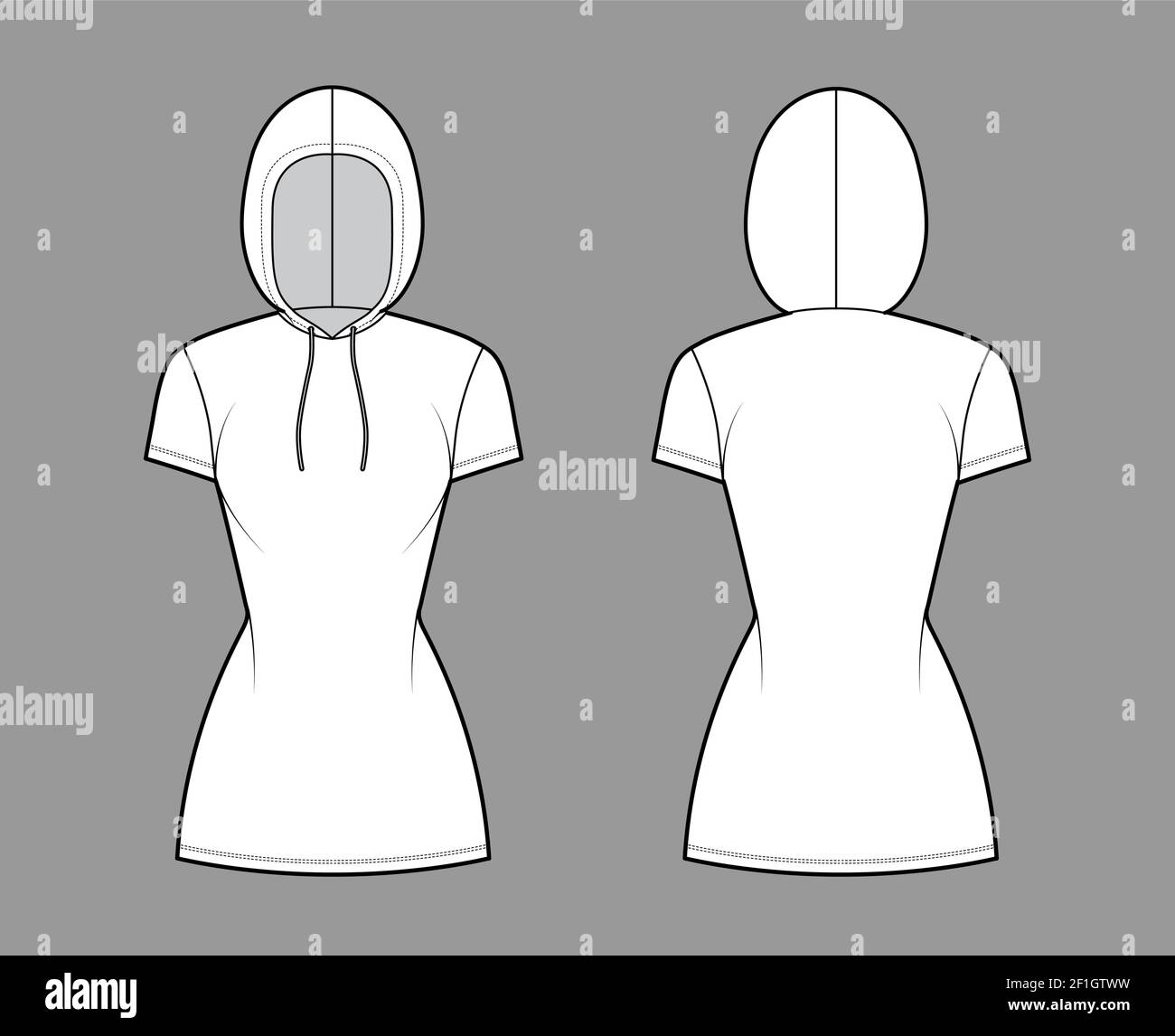 Hoody dress technical fashion illustration with short sleeves, mini length, fitted body, Pencil fullness. Flat sweater apparel template front, back, white color style. Women, men, unisex CAD mockup Stock Vector