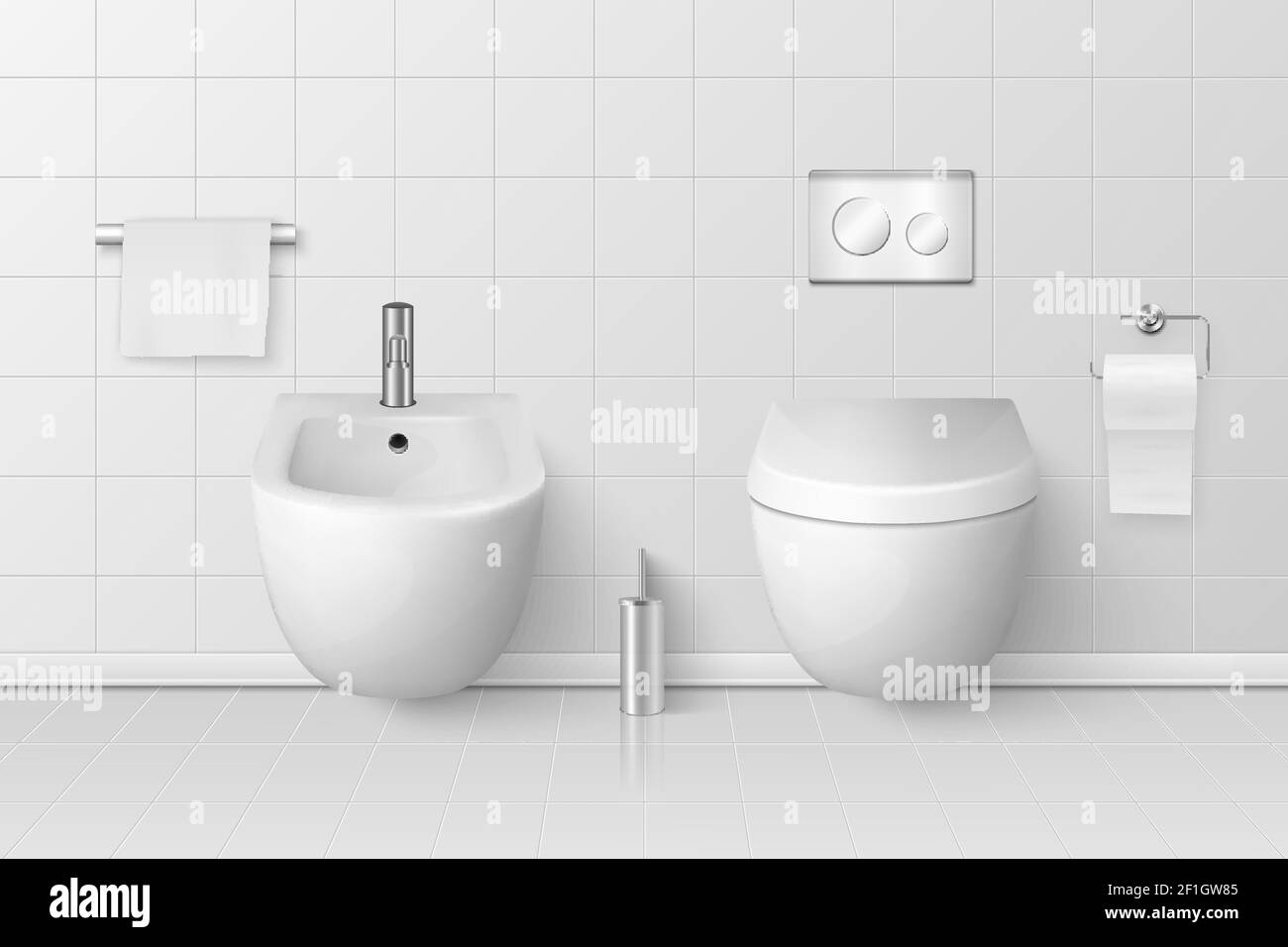 Vector 3d Realistic White Ceramic Toilet, Bidet in the Bathroom, Toilet
