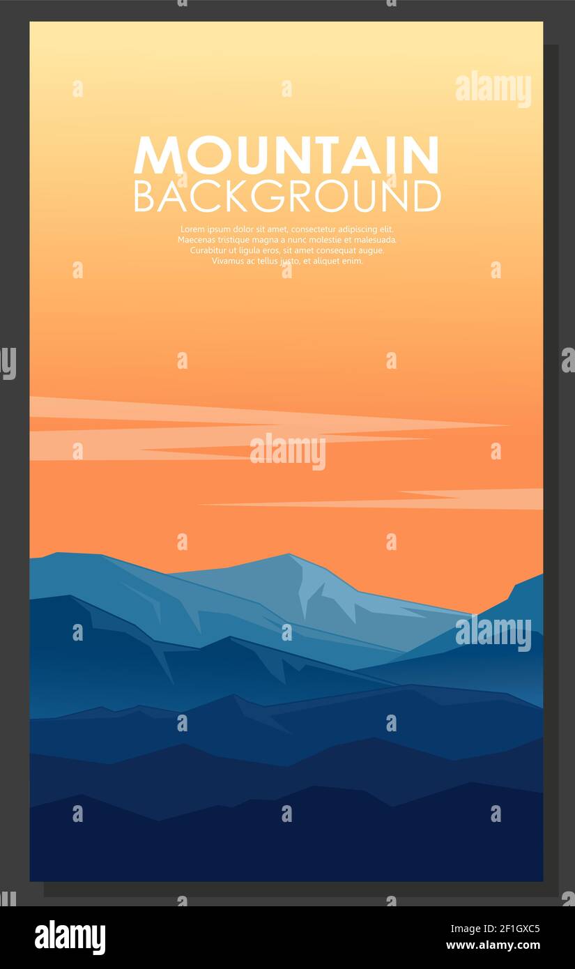 Landscape with silhouettes of blue mountains. Poster of high blue rocky