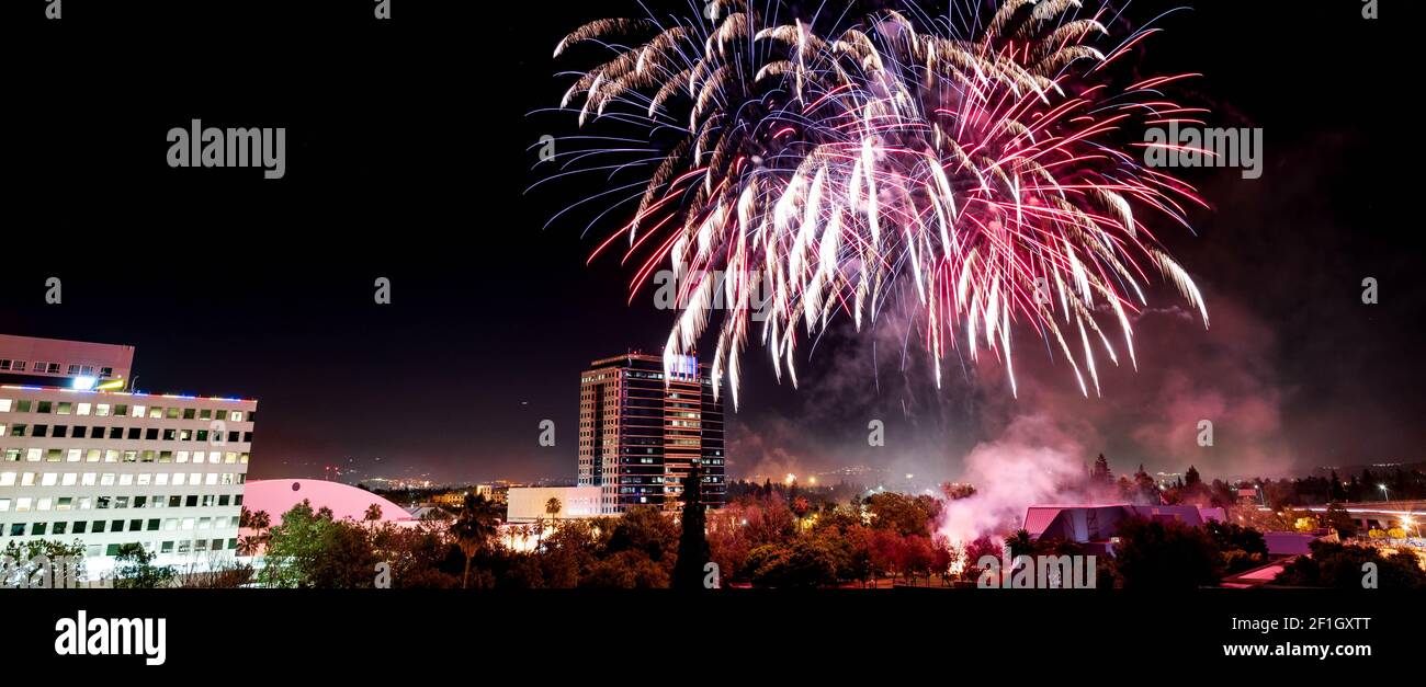 Fourth of July Celebration Fireworks over Downtown San Jose Stock Photo