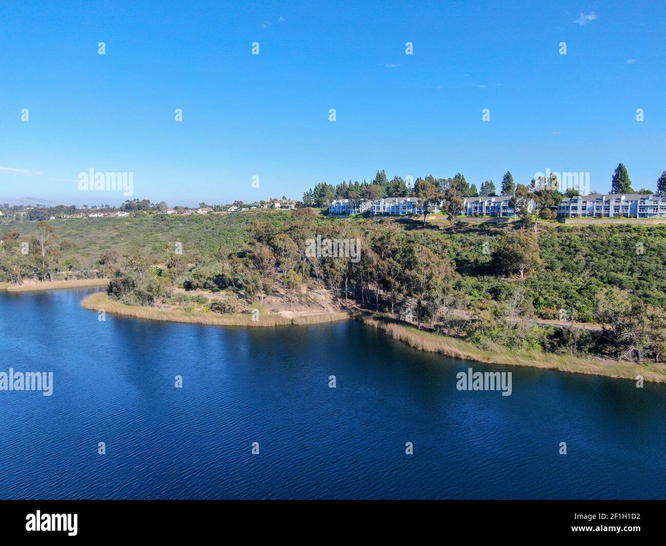 Aerial view of Miramar reservoir in the Scripps Miramar Ranch community, San Diego, California. Miramar lake, popular activities recreation site inclu Stock Photo