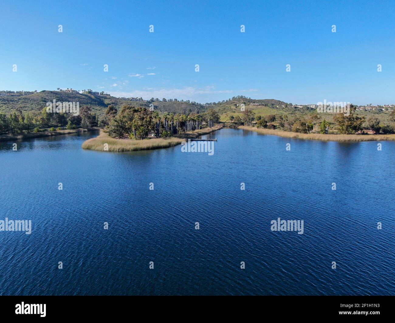 Aerial view of Miramar reservoir in the Scripps Miramar Ranch community, San Diego, California. Miramar lake, popular activities recreation site inclu Stock Photo