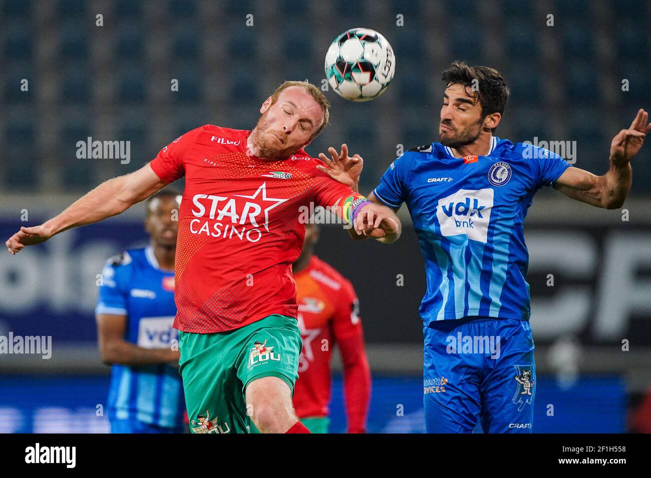 GENT, BELGIUM - MARCH 8: Kevin Vandendriessche of KV Oostende and Milad Mohammadi of KAA Gent during the Jupiler Pro League match between KAA Gent and Stock Photo