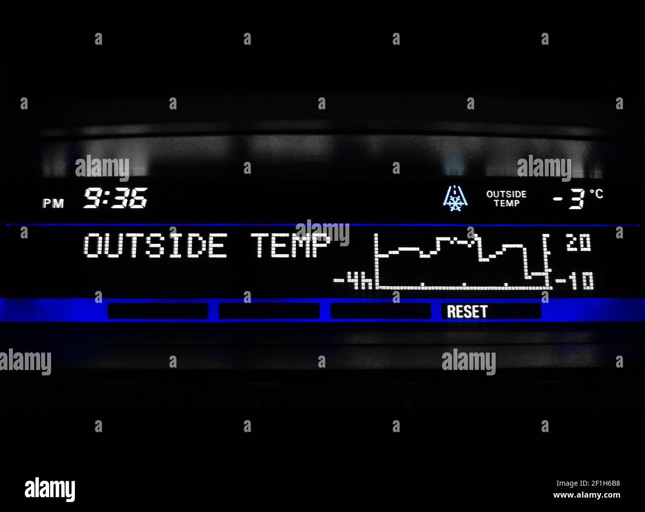 cars onboard computer shows the cold outside temperature Stock Photo