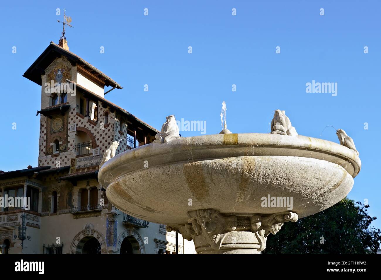 Fountain of frogs and the House of the fairies. Architect Gino Coppedè. Art Deco style. Mincio Square, Coppedè neighborhood. Rome, Italy. Copy space Stock Photo
