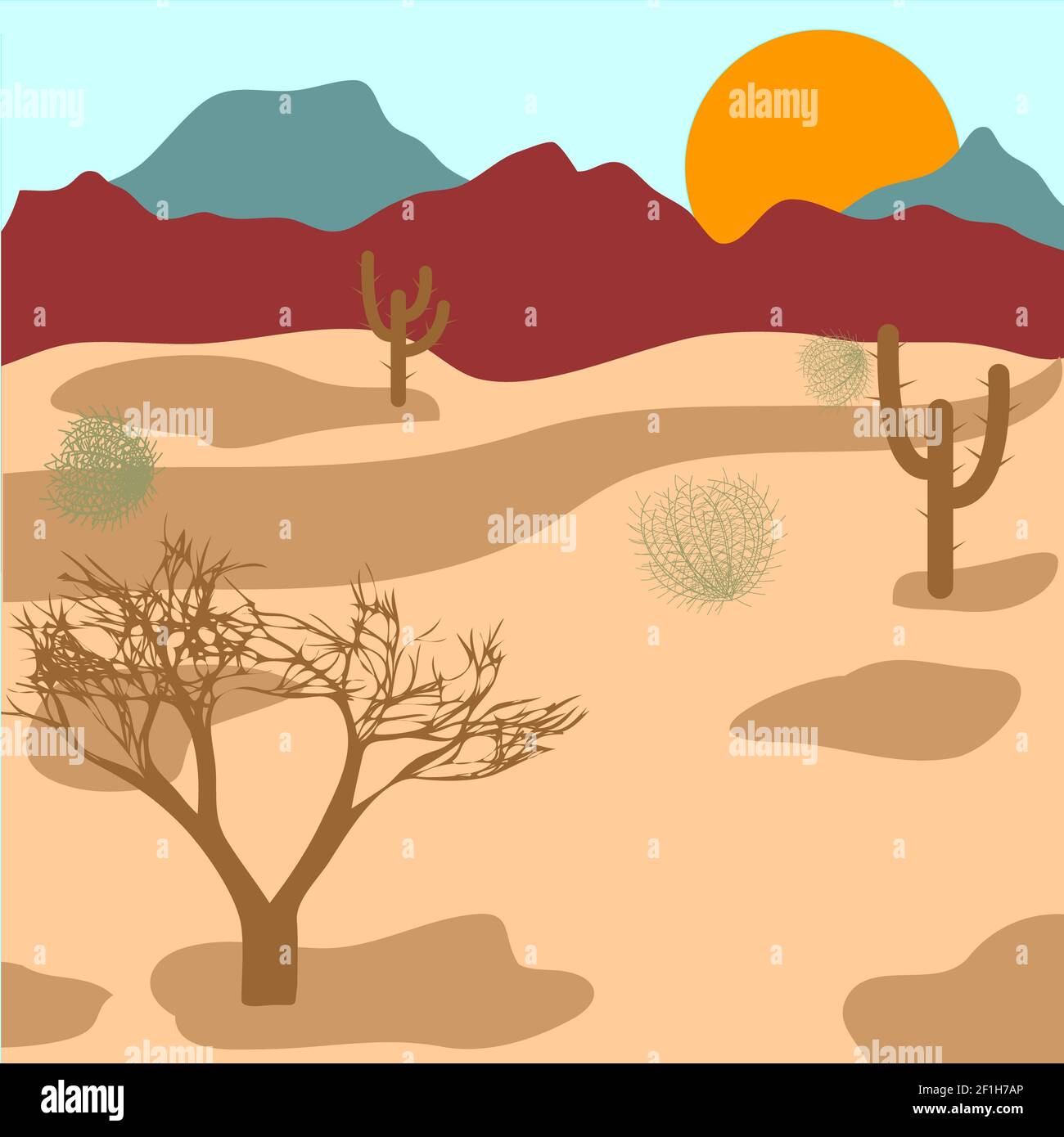 Desert, mountains, cactuses and tumbleweed Stock Photo