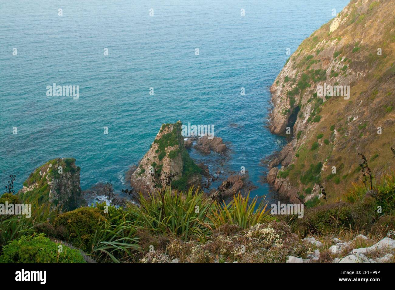 Southland New Zealand edges, high cliff view from the top to blue wild Pacific Ocean lagoon Stock Photo
