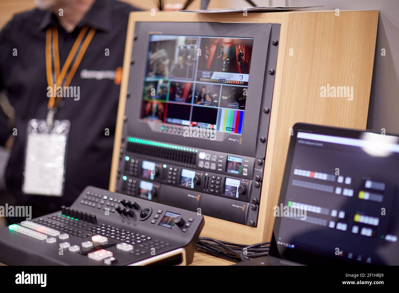 Black Magic live streaming video switcher and monitor at Musical Instrument Convention Stock Photo