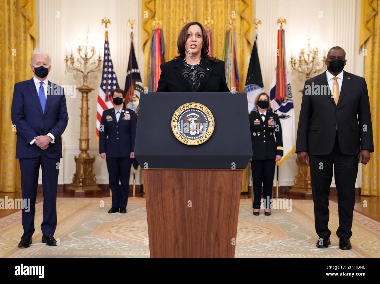 United States Vice President Kamala Harris delivers remarks at President Joe Biden's Combatant Commander nomination event for, Air Force Gen. Jacqueline Van Ovost and Army Lt. Gen. Laura Richardson in the East Room at the White House in Washington, DC on Monday, March 8, 2021. Ovost, has been nominated to lead the Transportation Command and Richardson, has been nominated to lead military activities in Latin America at Southern Command. Defense Secretary Lloyd Austin also attended. Credit: Kevin Dietsch/Pool via CNP /MediaPunch Stock Photo