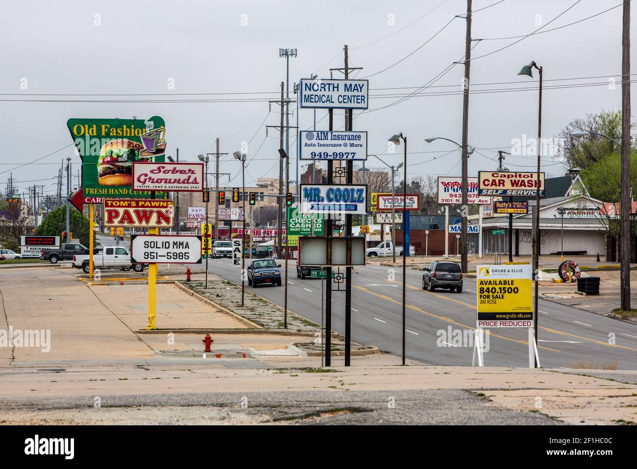 Oklahoma City, Oklahoma.  Billboards and Advertisements along North May Avenue. Stock Photo