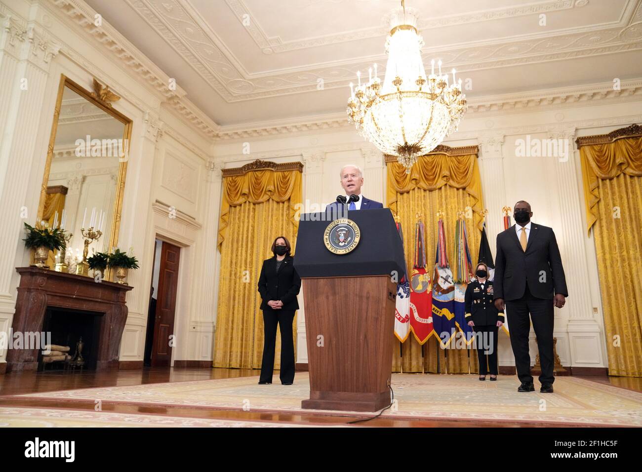 Washington, United States. 08th Mar, 2021. President Joe Biden delivers remarks at a Combatant Commander nomination event for, Air Force Gen. Jacqueline Van Ovost and Army Lt. Gen. Laura Richardson in the East Room at the White House in Washington, DC on Monday, March 8, 2021. Ovost, has been nominated to lead the Transportation Command and Richardson, has been nominated to lead military activities in Latin America at Southern Command. Biden was joined by Vice President Kamala Harris and Defense Secretary Lloyd Austin. Photo by Kevin Dietsch/UPI Credit: UPI/Alamy Live News Stock Photo