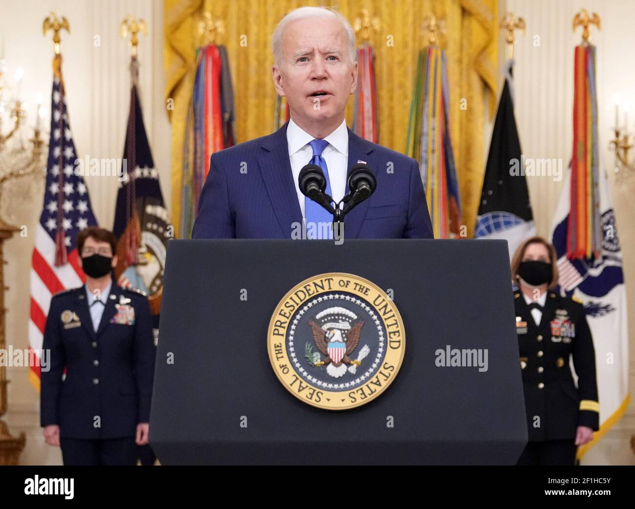 Washington, United States. 08th Mar, 2021. President Joe Biden delivers remarks at a Combatant Commander nomination event for, Air Force Gen. Jacqueline Van Ovost and Army Lt. Gen. Laura Richardson in the East Room at the White House in Washington, DC on Monday, March 8, 2021. Ovost, has been nominated to lead the Transportation Command and Richardson, has been nominated to lead military activities in Latin America at Southern Command. Photo by Kevin Dietsch/UPI Credit: UPI/Alamy Live News Stock Photo