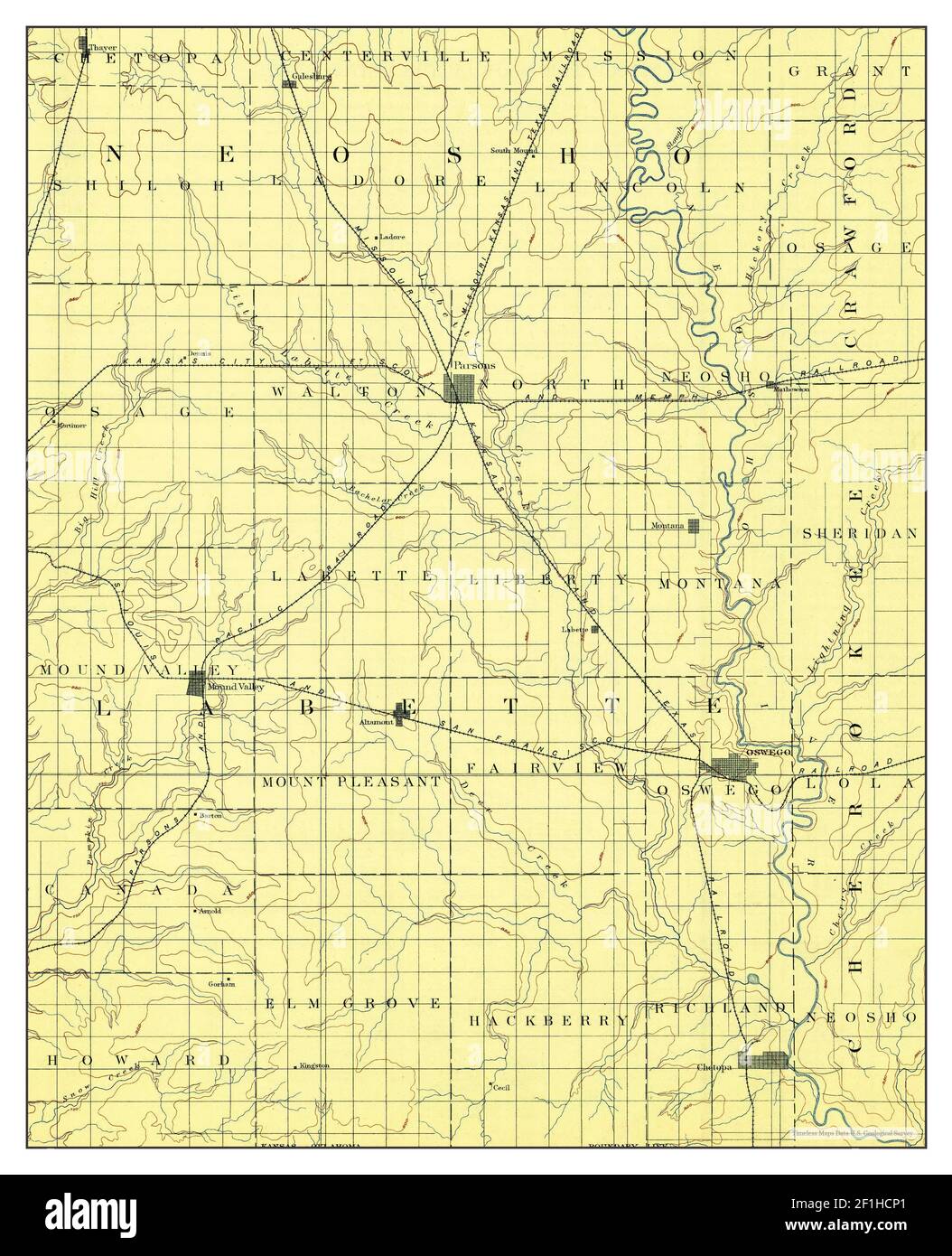 Parsons, Kansas, map 1893, 1:125000, United States of America by Timeless Maps, data U.S 