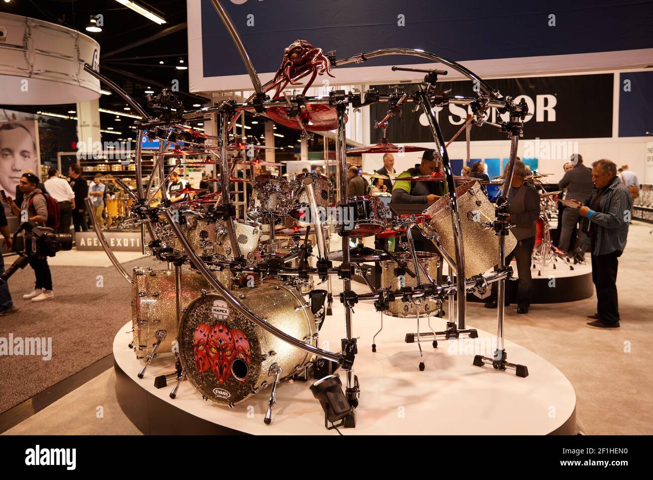 Drums Percussion and Cymbals at Musical Instrument Convention Stock