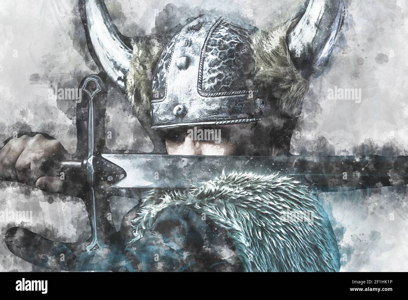 Watercolor, Defense, Viking warrior, male dressed in Barbarian style with sword, bearded Stock Photo