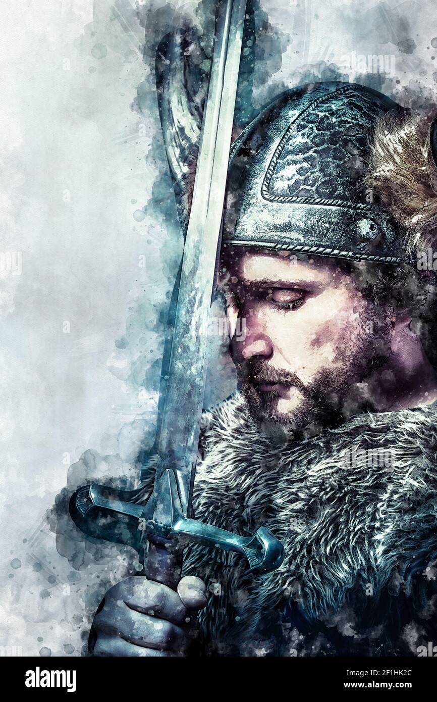 Watercolor, Viking warrior, male dressed in Barbarian style with sword, bearded Stock Photo