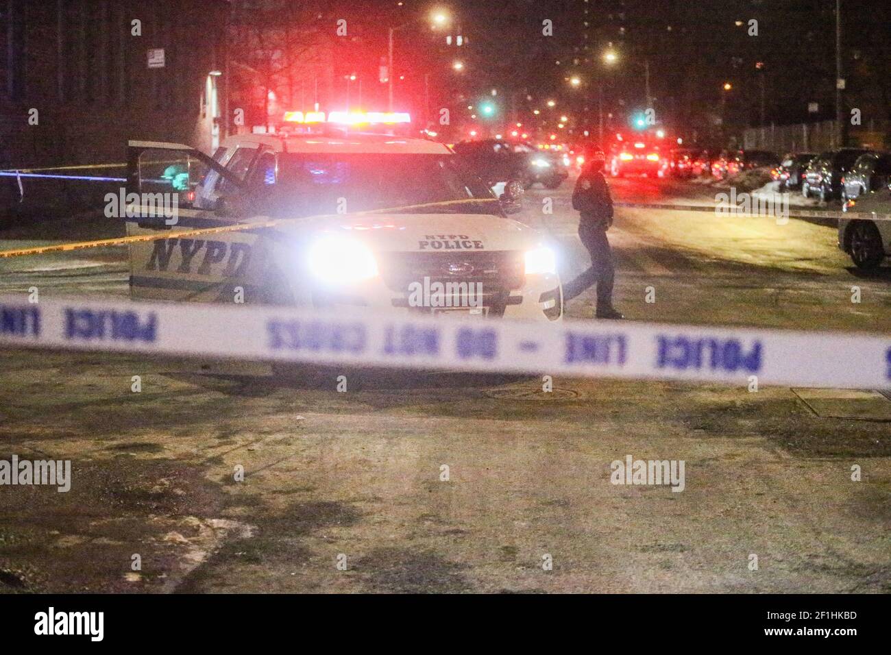 USA, New York City, NY Crime scene tape with set up by the NYPD with