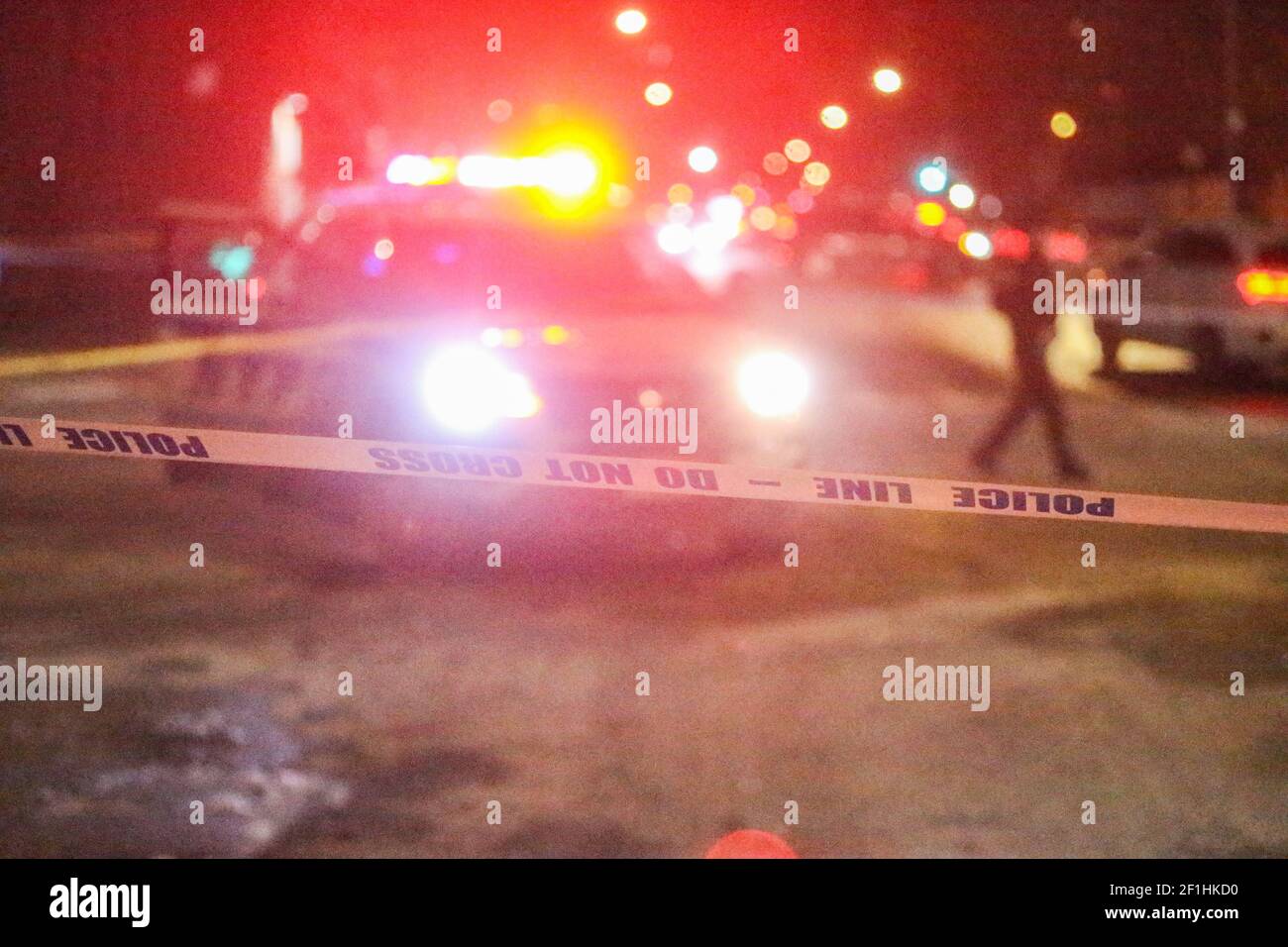 USA, New York City, NY Crime scene tape with set up by the NYPD Stock