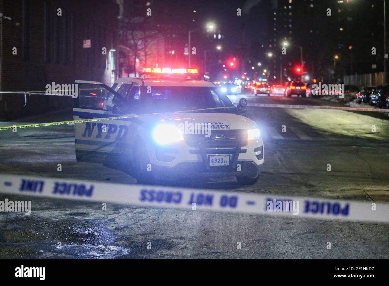 USA, New York City, NY Crime scene tape with set up by the NYPD Stock