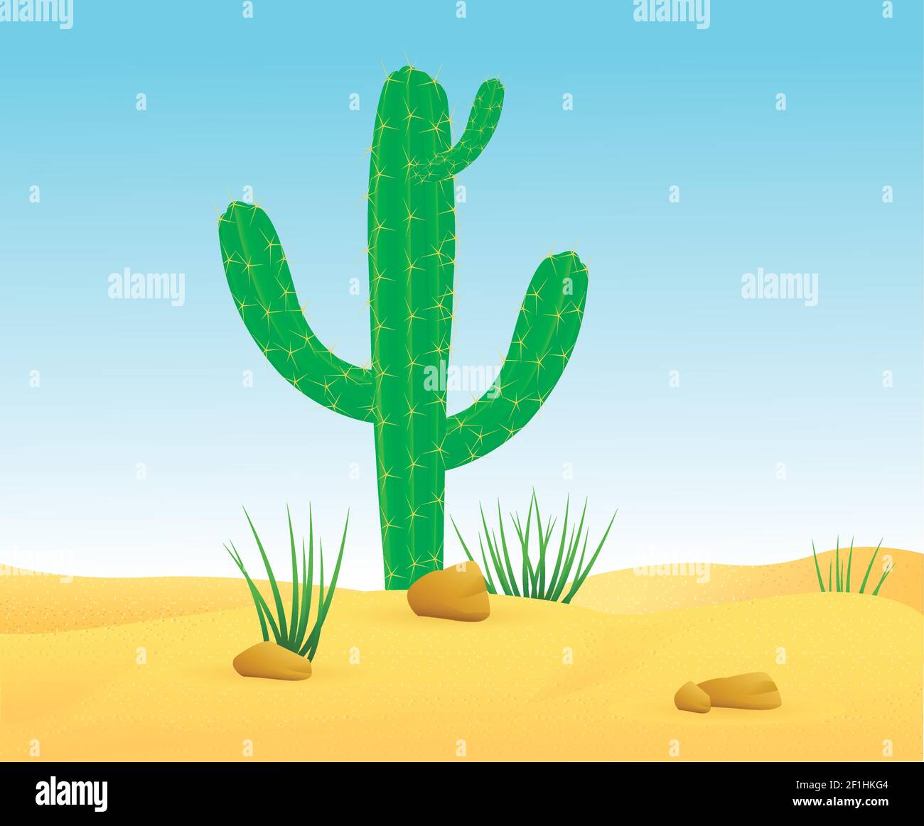 Light wild sand desert landscape template with green sharp cactus and stones vector illustration Stock Vector