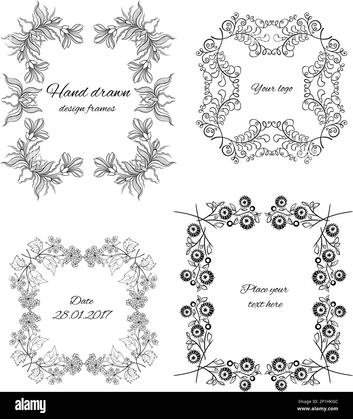 Sketch ornamental floral design frames set with place for text blooming flowers and tree branches isolated vector illustration Stock Vector