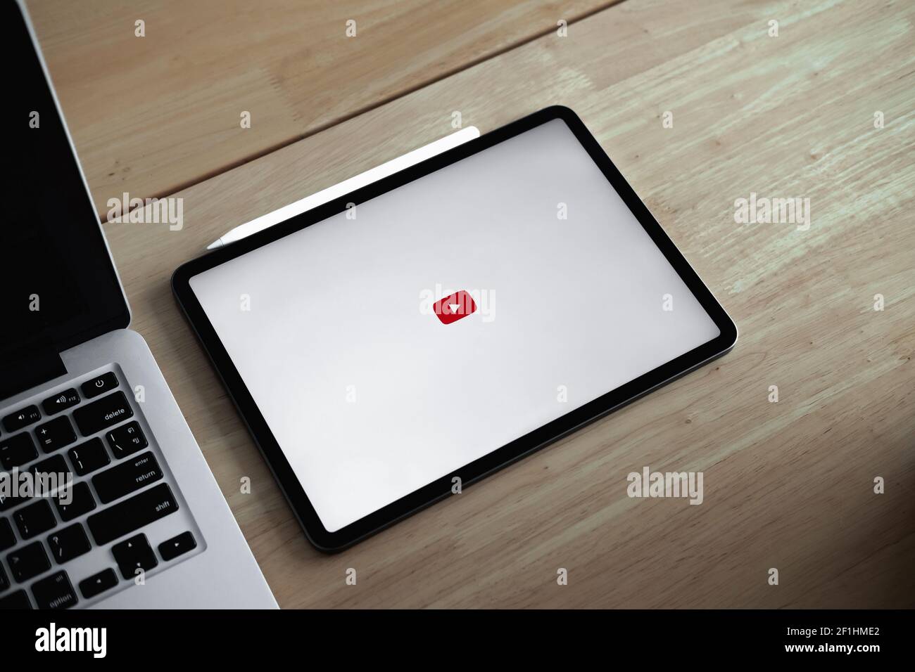 CHIANG MAI, THAILAND - JUL 26, 2020: iPad Pro on table with Youtube logo, iPad Pro was created and developed by the Apple inc.. Stock Photo