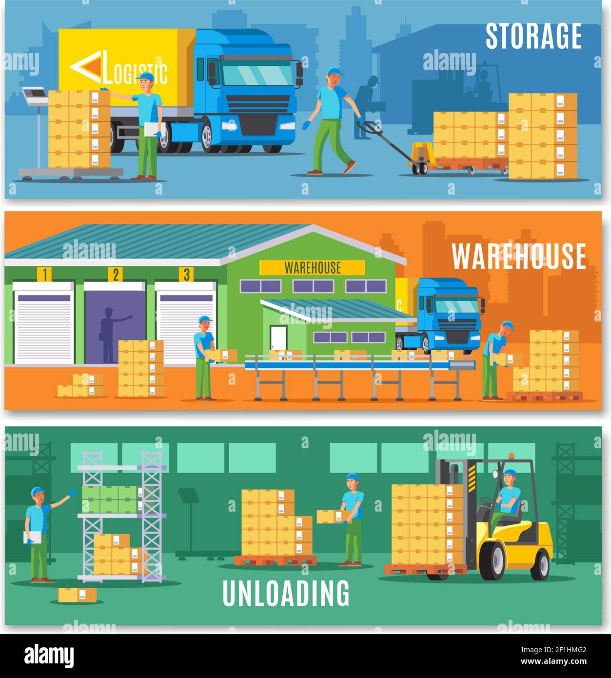 Storage horizontal banners with warehouse buildings transportation ...