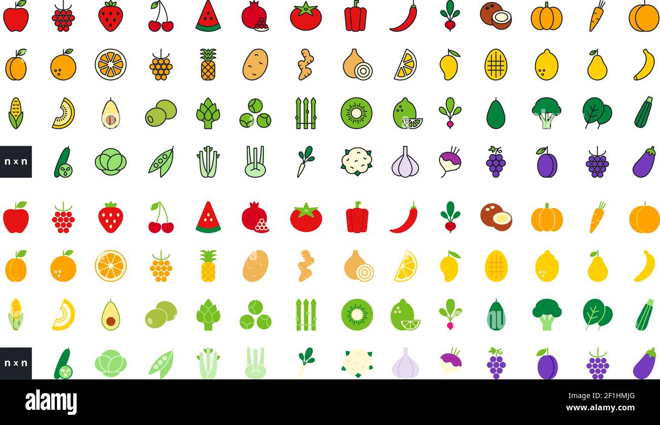 Set of vector linear flat color icons. Vegetables, fruits and berries ...