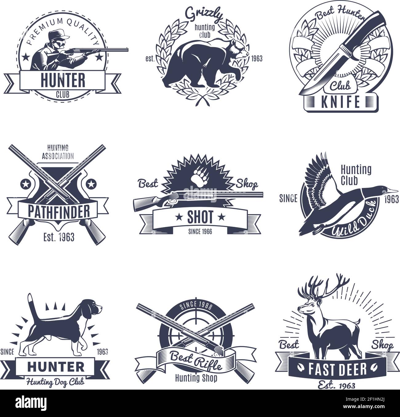 Emblems of hunting clubs and shops with weapon animals and design elements  vintage style isolated vector illustration Stock Vector Image & Art - Alamy