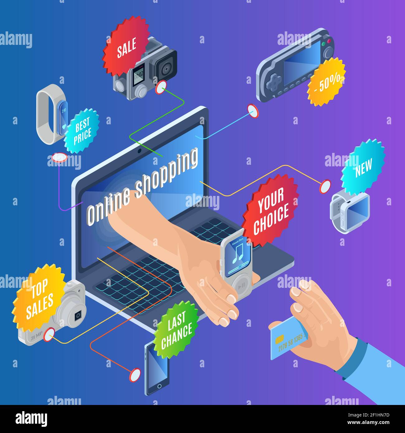 Isometric online shopping concept with electronic portable gadgets and