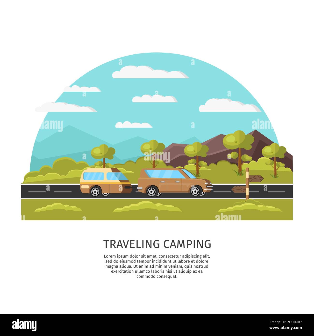 Light traveling camping template of car with trailer moving on road on ...